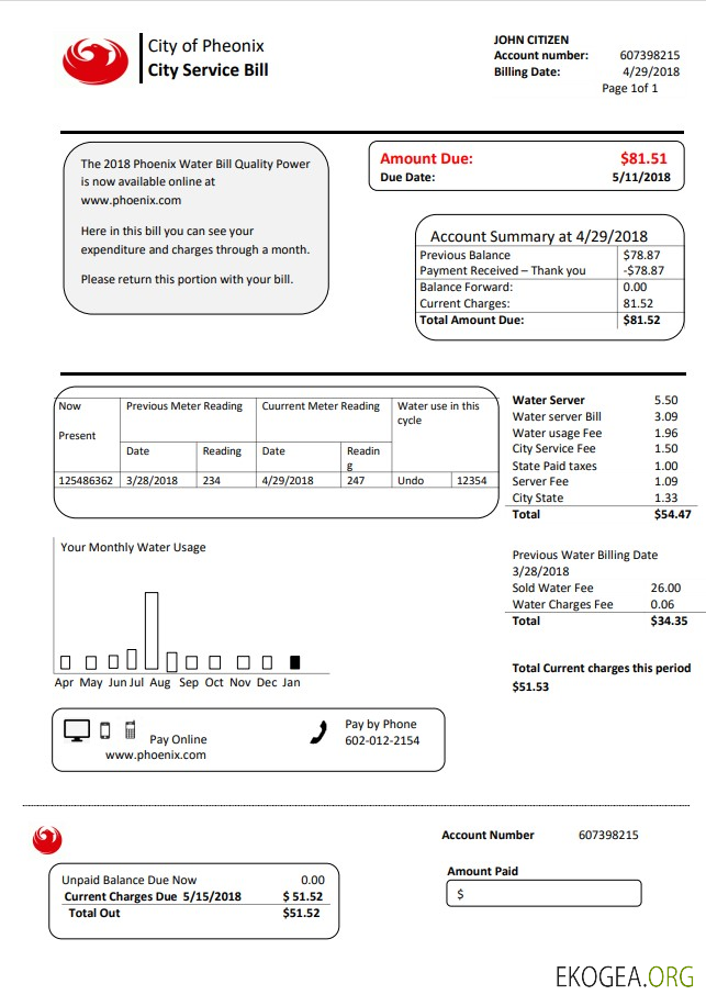 USA Arizona City of Phoenix utility bill template in Word and PDF format